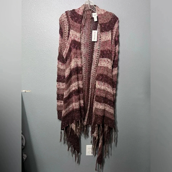 NWT Buckle Women's Sz M Daytrip Open Fringed Cardigan Sweater Wine/Beige Striped - Picture 1 of 6